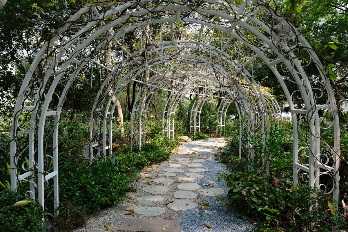french country wrought iron garden trellis with clematis