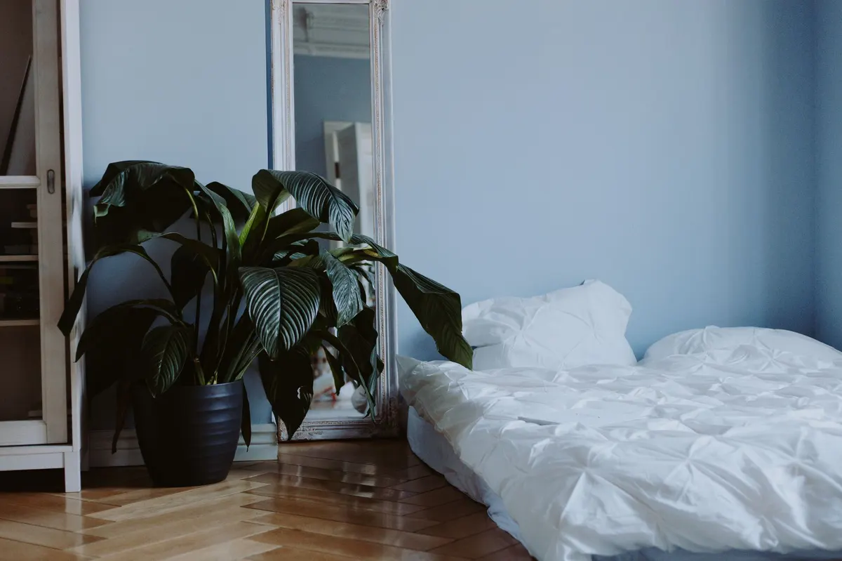 thrifted wooden mirror dark bedroom vintage styled