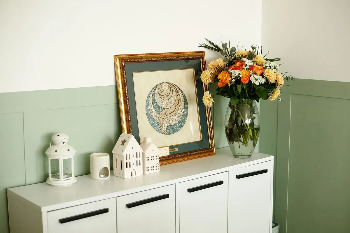 painting wooden furniture matte olive green detail shot