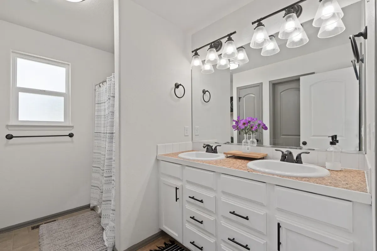 small bathroom painted vanity brass hardware